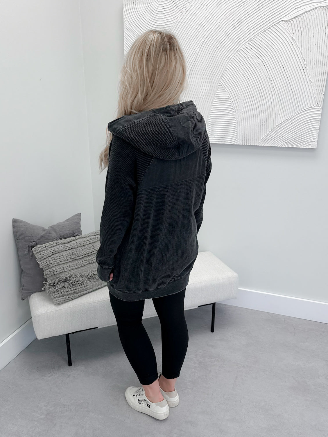 Juno Waffle Full Zip Hoodie in Black