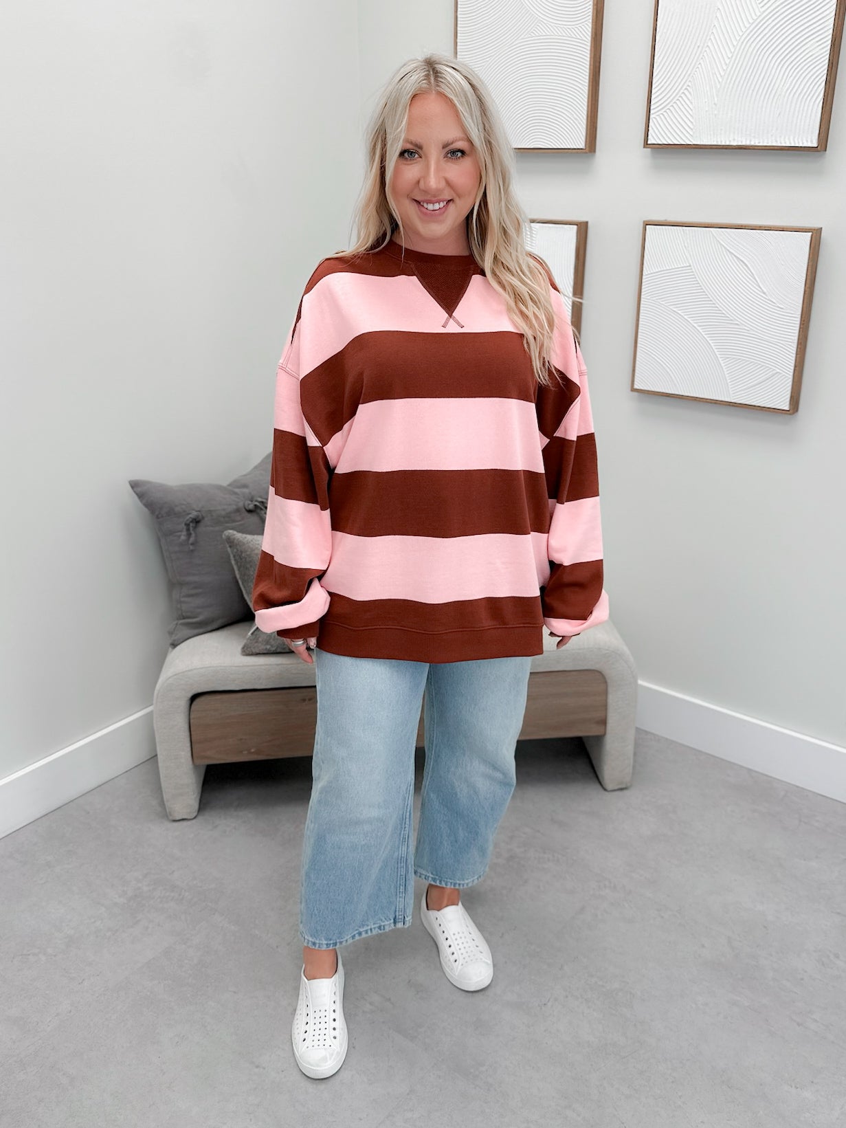 Classic Striped Oversized Crew in Strawberry Wine Combo by Free People