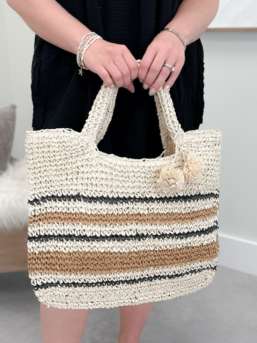 Striped Straw Braided Tote Bag