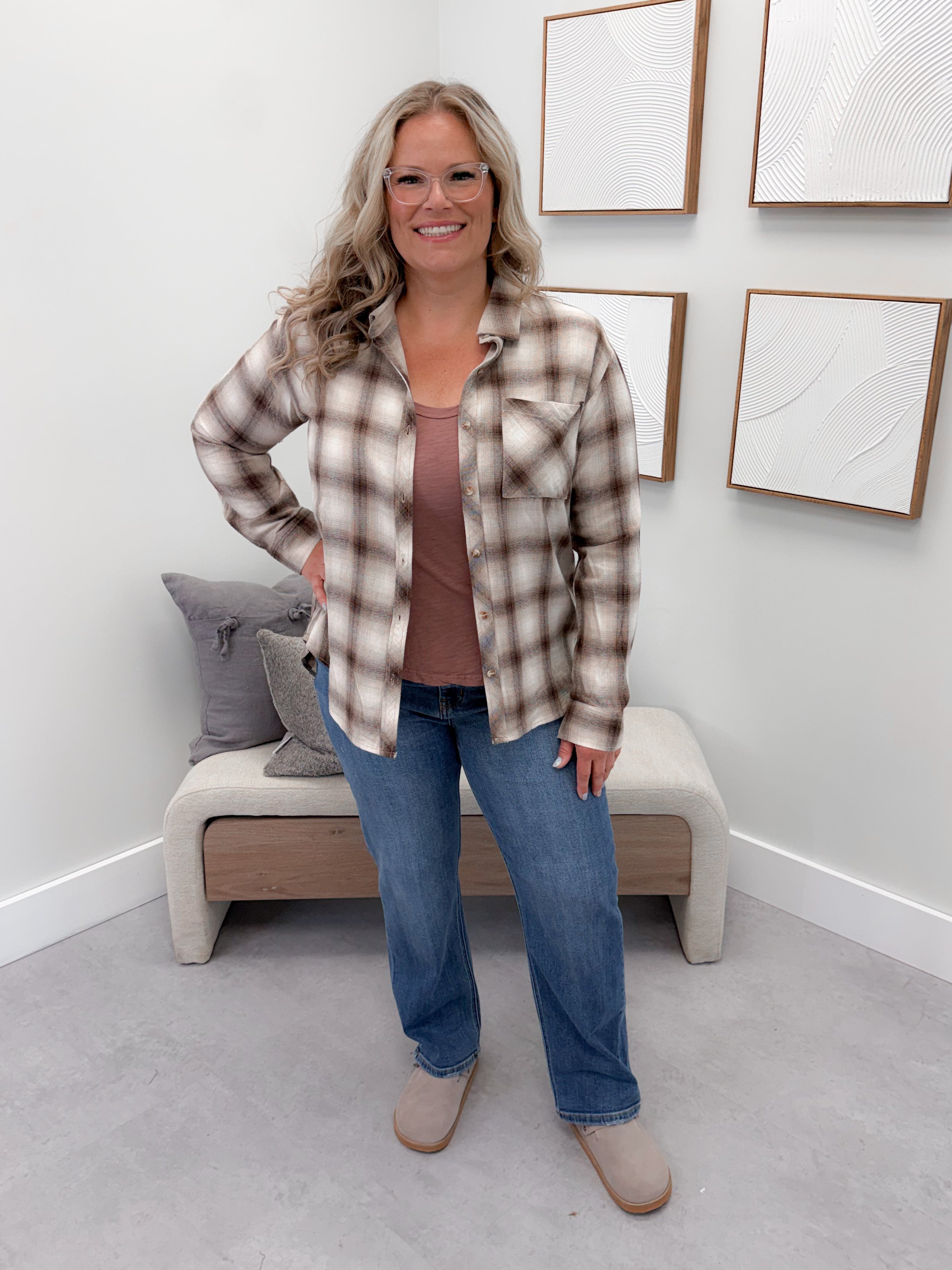 Fay Plaid Button Up in Brown