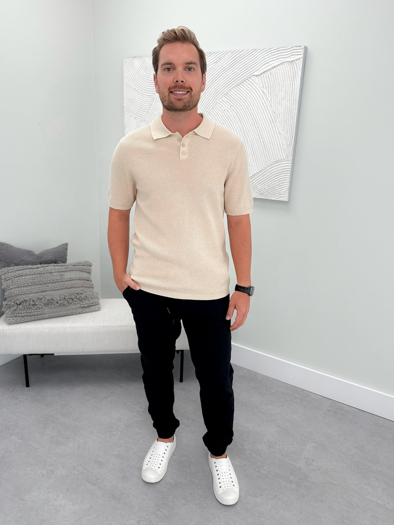 Mens Duncan Knit Mens Polo in Ecru