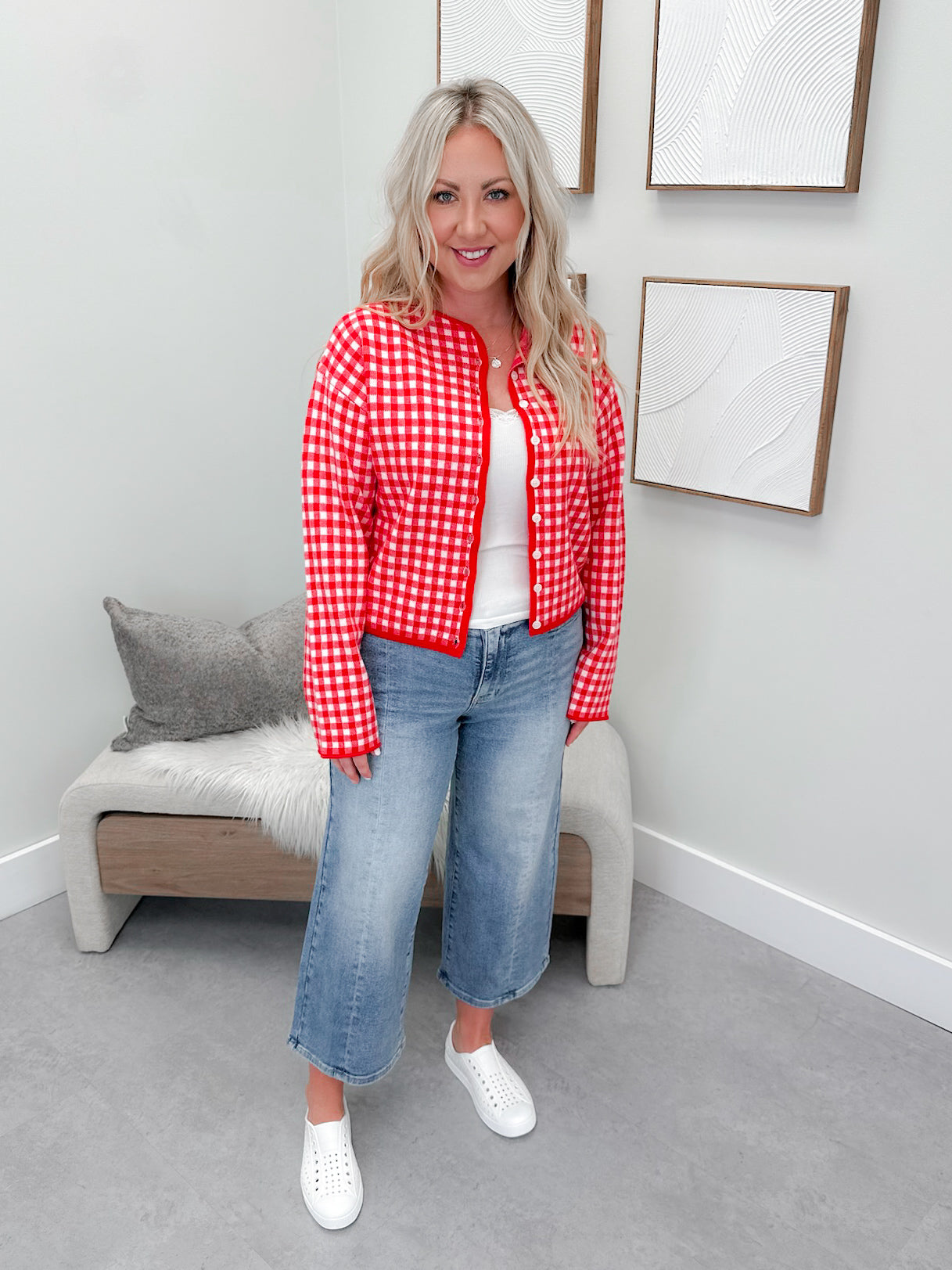 Gingham Cardigan in Red by Ampersand Avenue