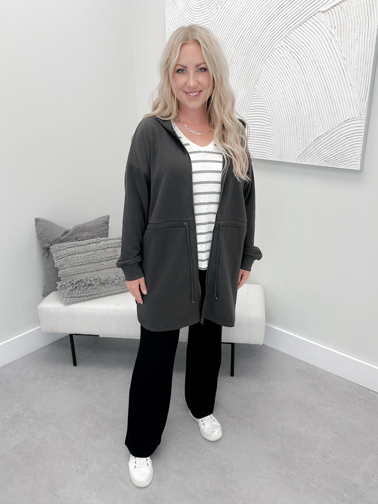 Navi Full Zip Hooded Cardigan in Charcoal