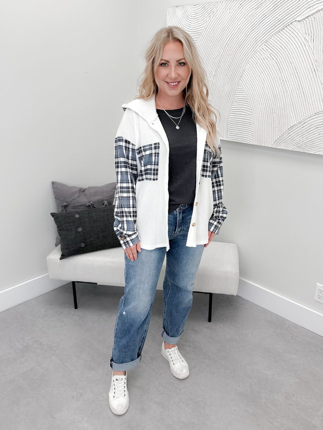Saga Button Up Top in Off White/Plaid