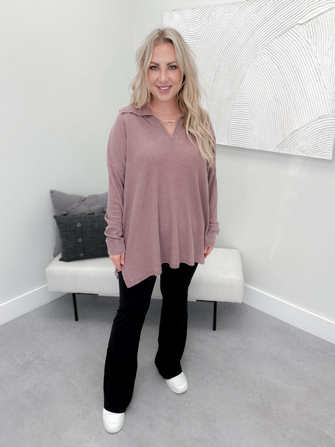 Winona Waffle Pullover in Rose Taupe