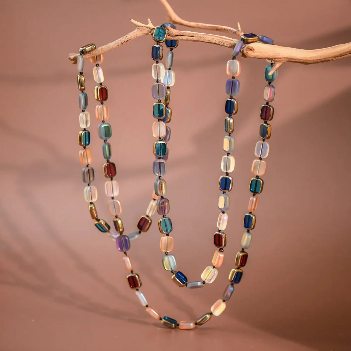 Long Colourful Square Glass Crystal Necklace
