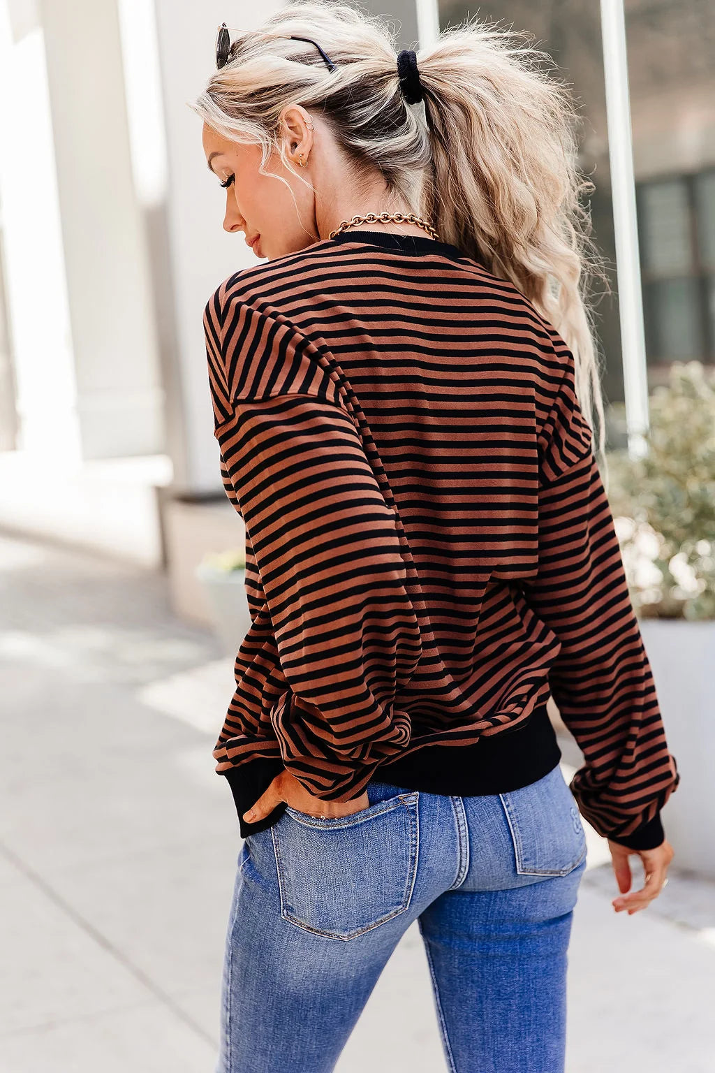 Performance Fleece University Pullover in Chai Stripe