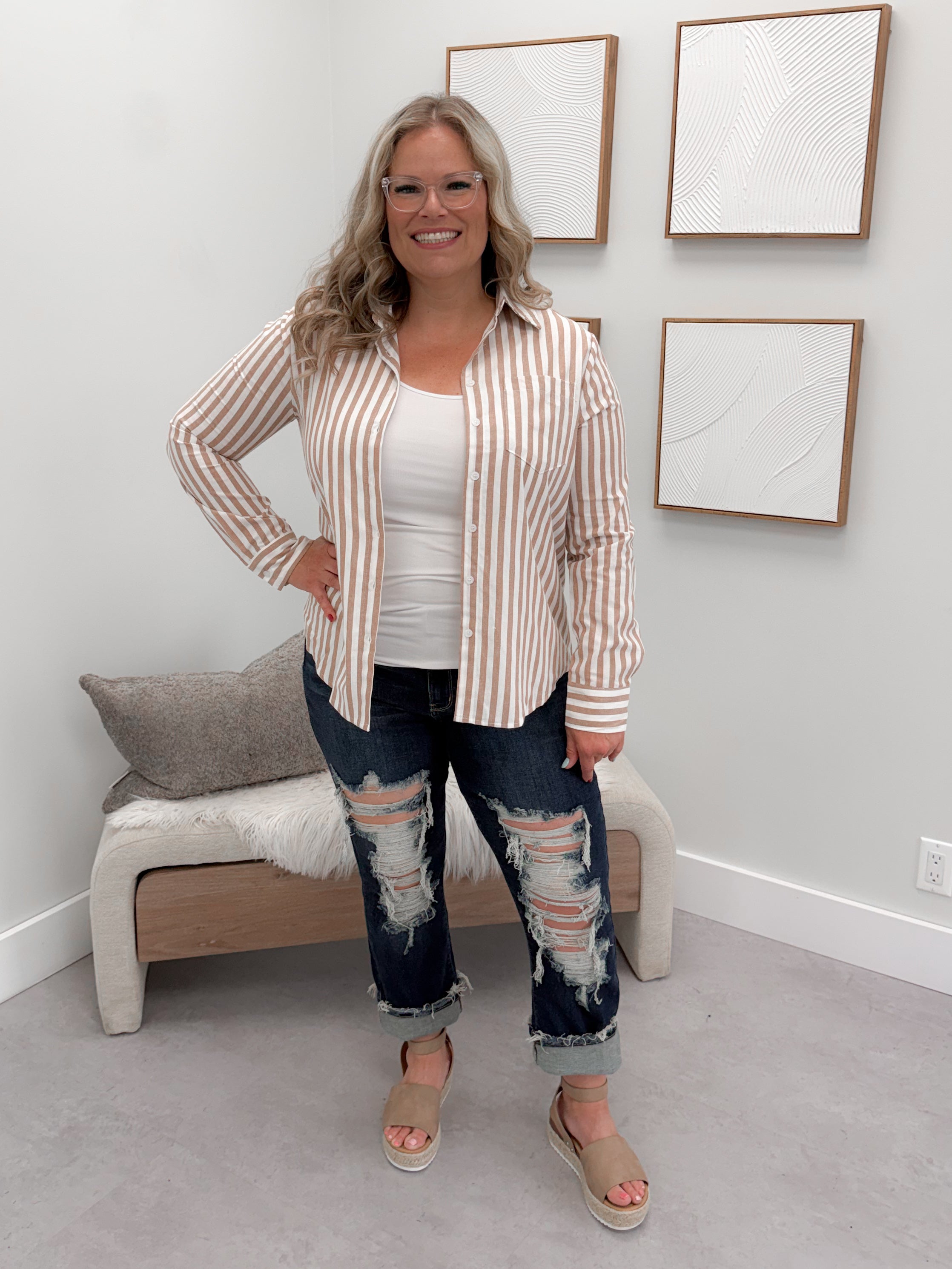 Devora Stripe Button Up in Taupe