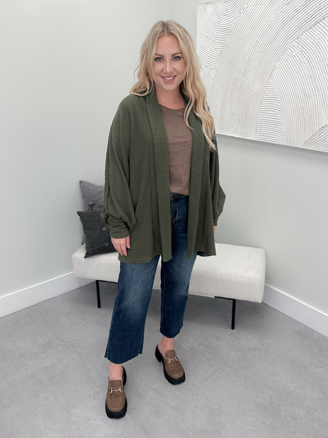 Waffle Cocoon Cardigan in Olive