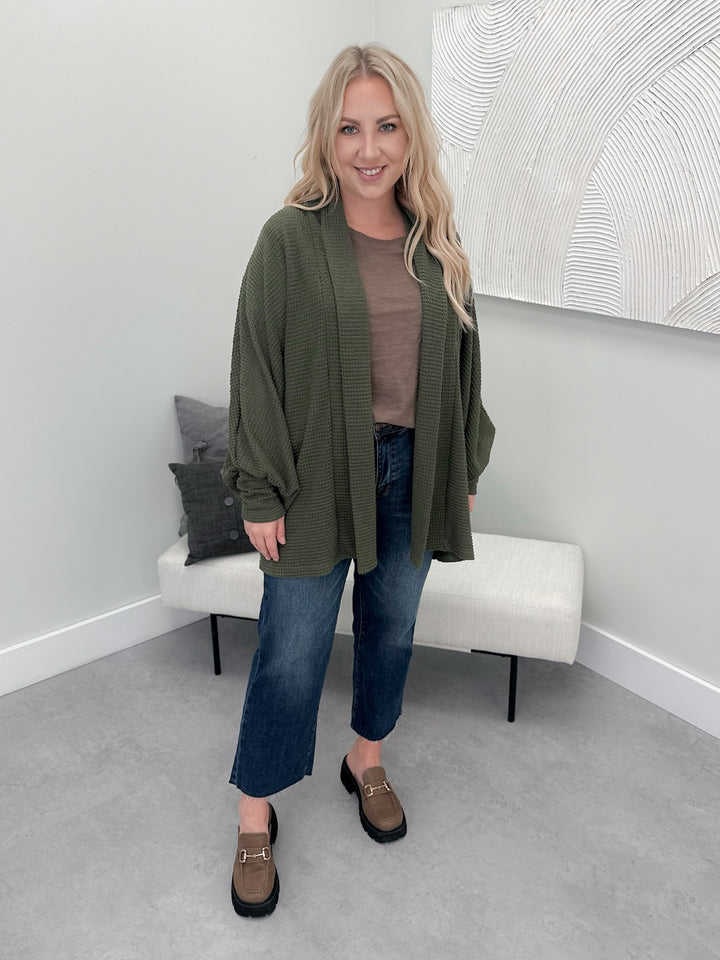 Waffle Cocoon Cardigan in Olive