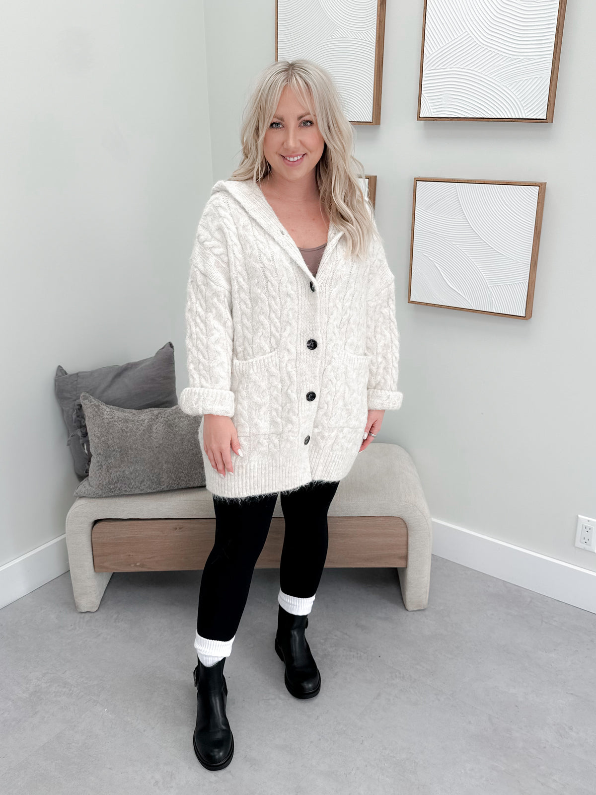 Jennings Cable Knit Cardigan in Cream by Pol