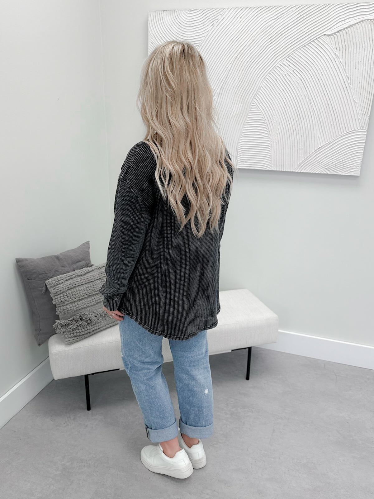 Lennon Waffle Shacket in Washed Black