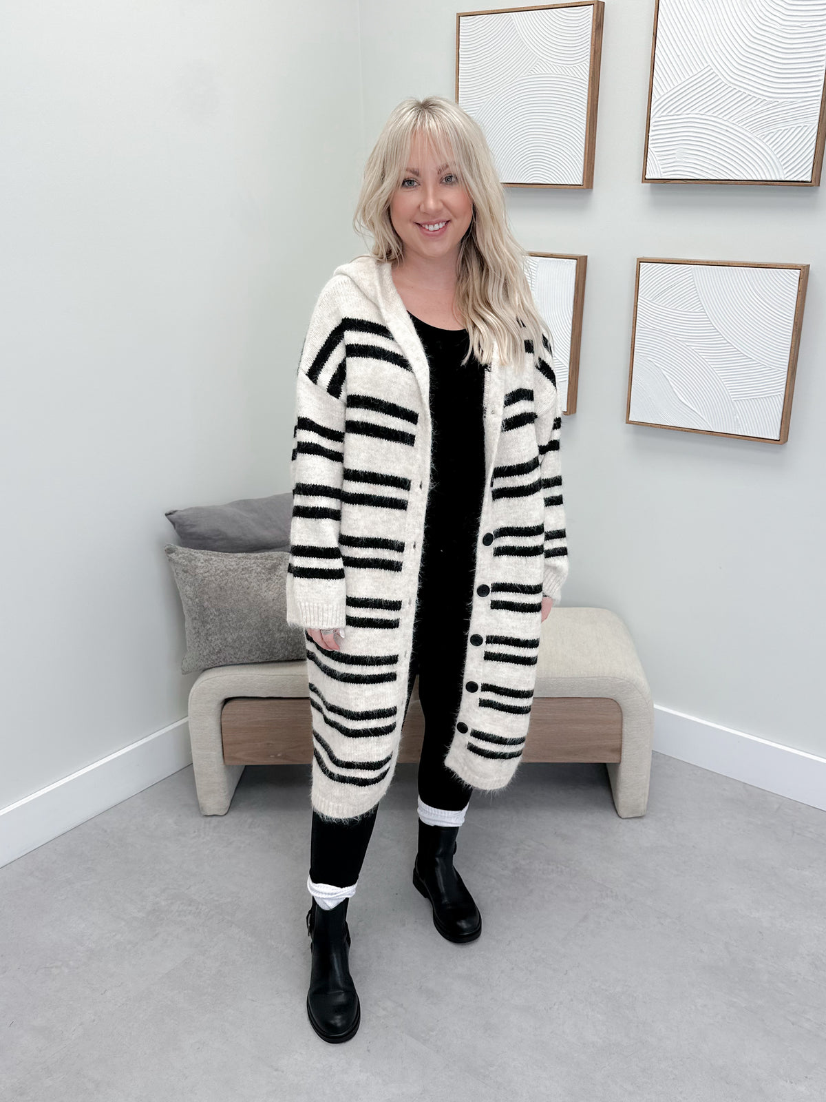 Cozy Up Striped Hooded Cardigan in Ivory/Black by Pol