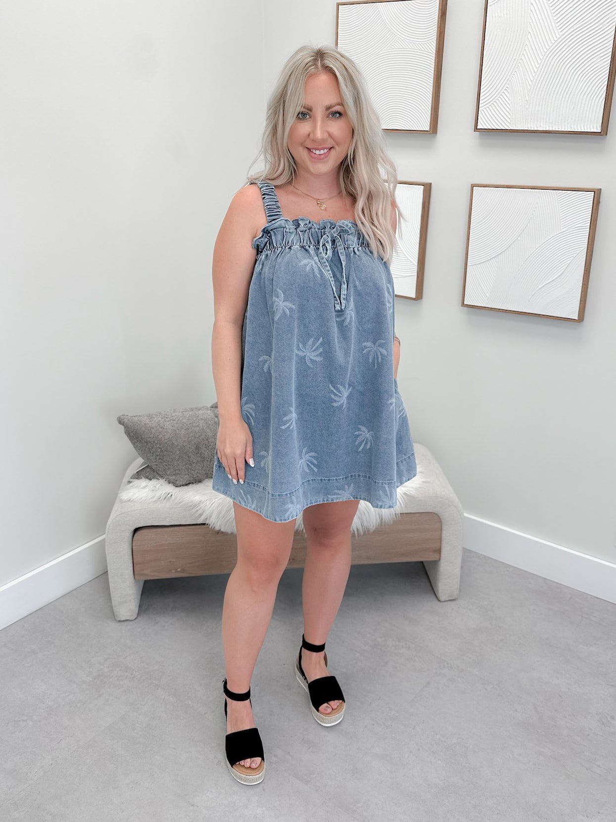 Palm Tree Days Mini Denim Dress