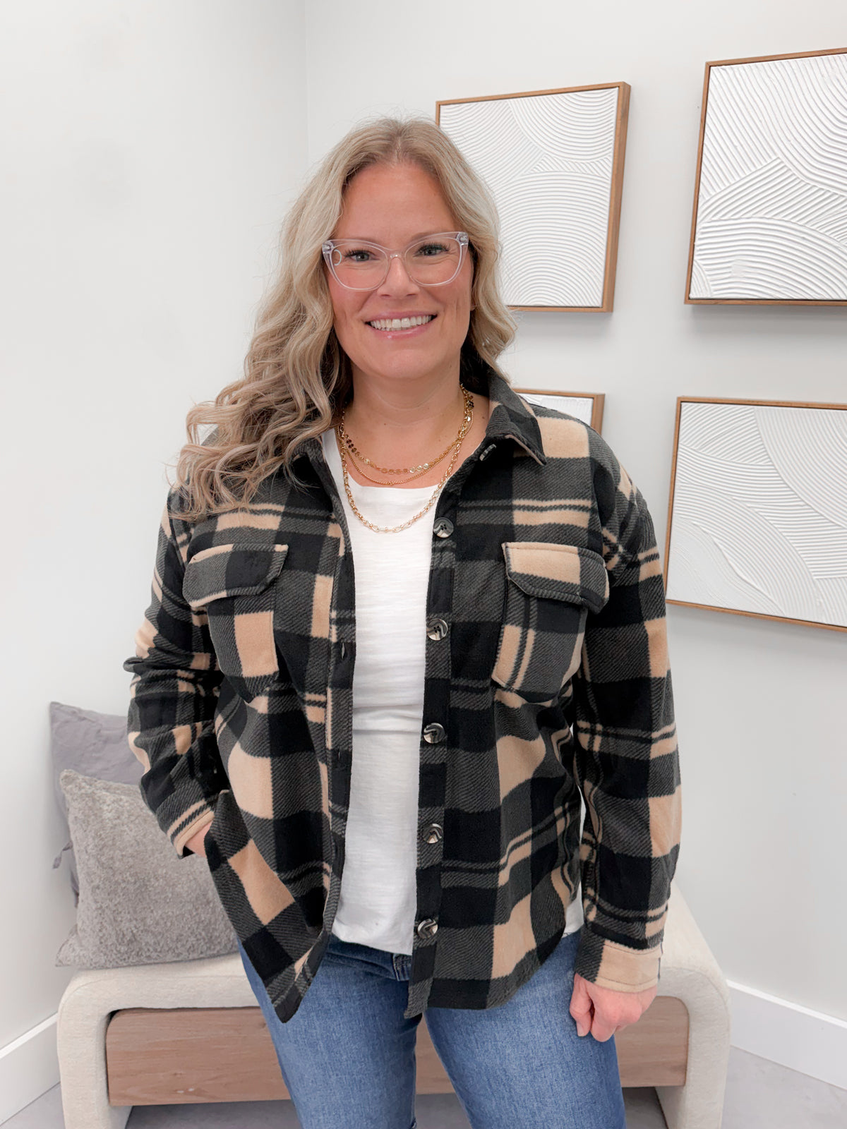Hazy Fleece Shacket in Black Plaid