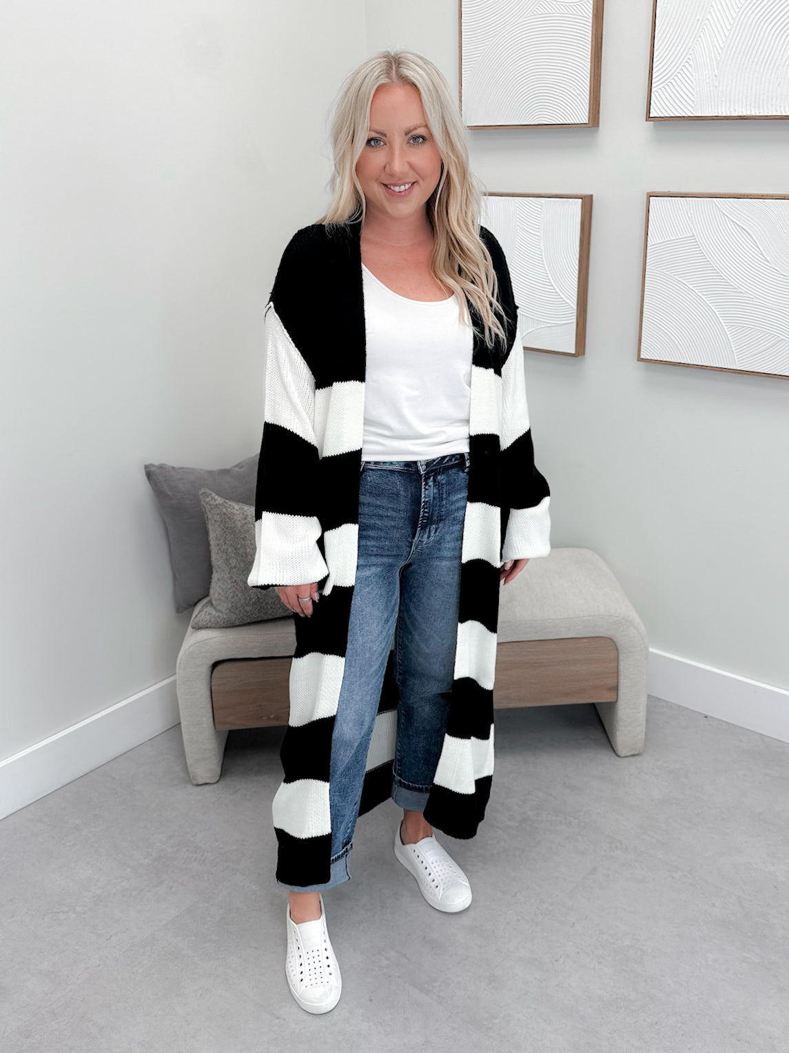 Dinah Striped Long Cardigan in Black