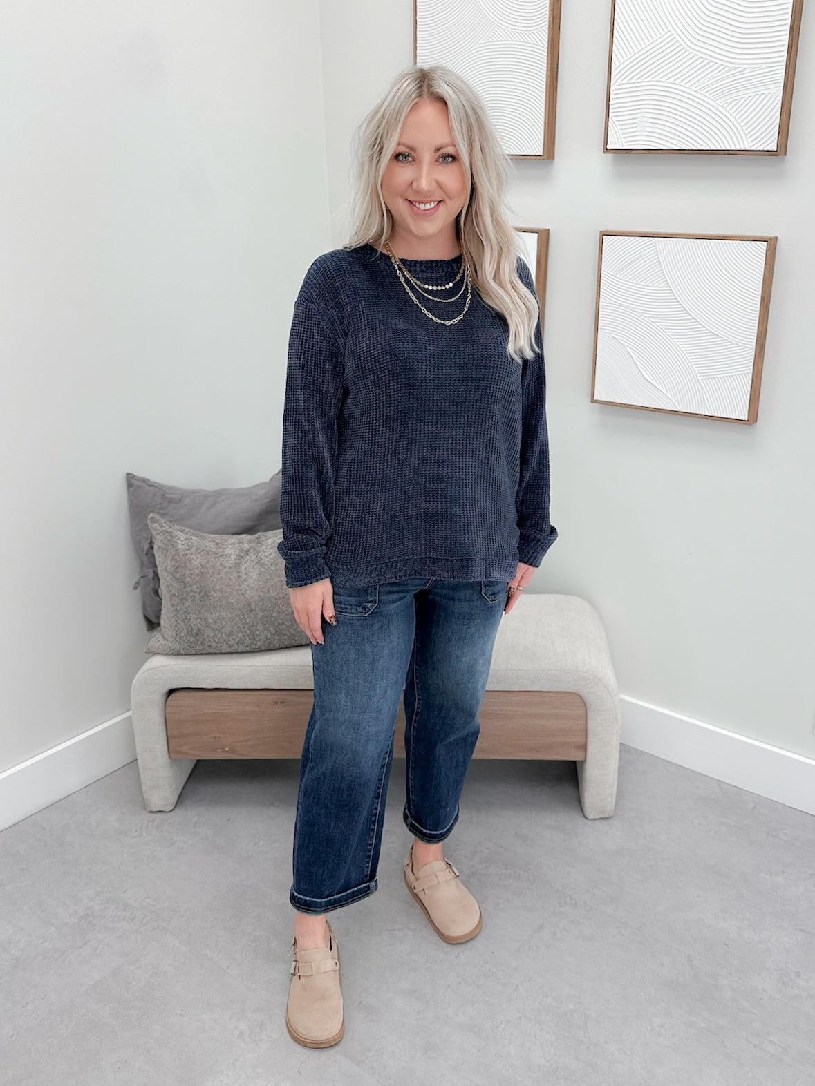 Tait Waffle Pullover in Navy