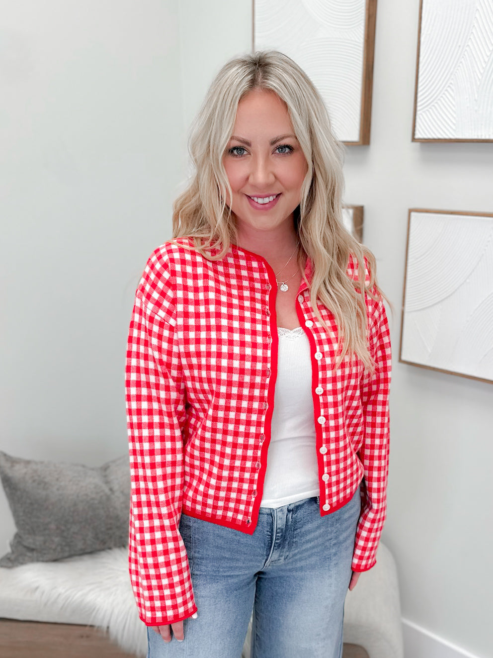 Gingham Cardigan in Red by Ampersand Avenue