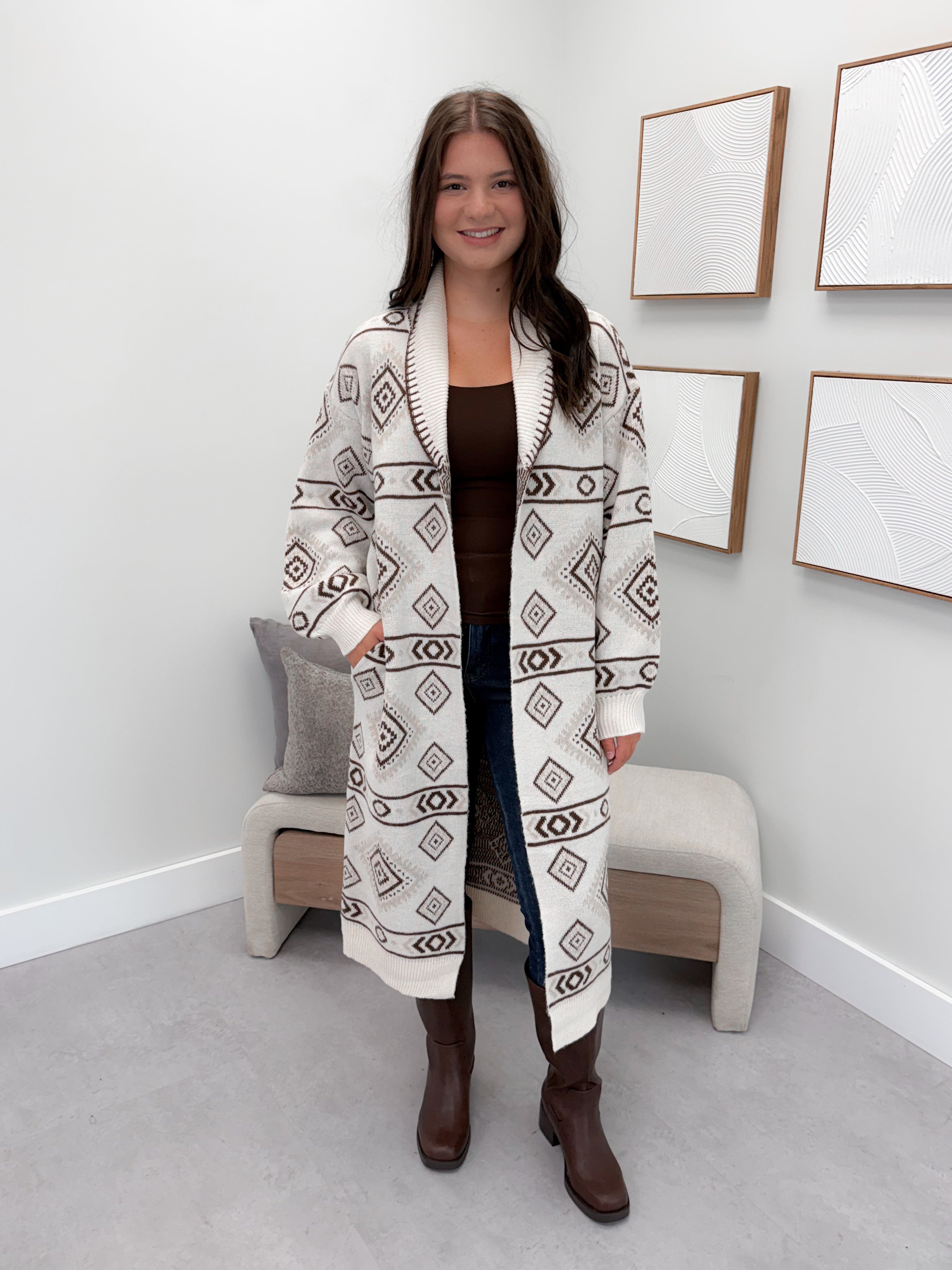 Southwest Long Cardigan in Cream Brown
