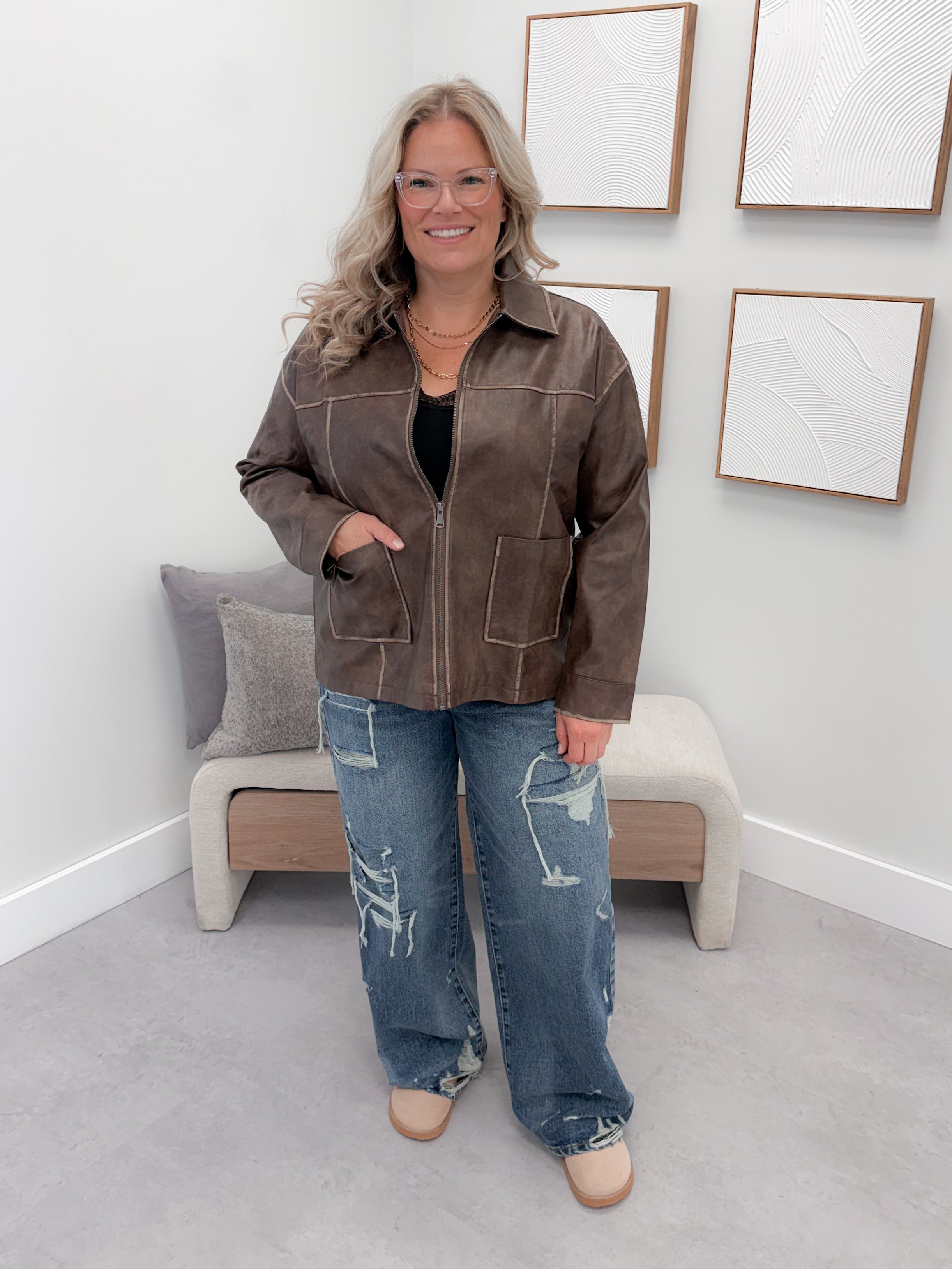 Roddy Vegan Leather Jacket in Brown