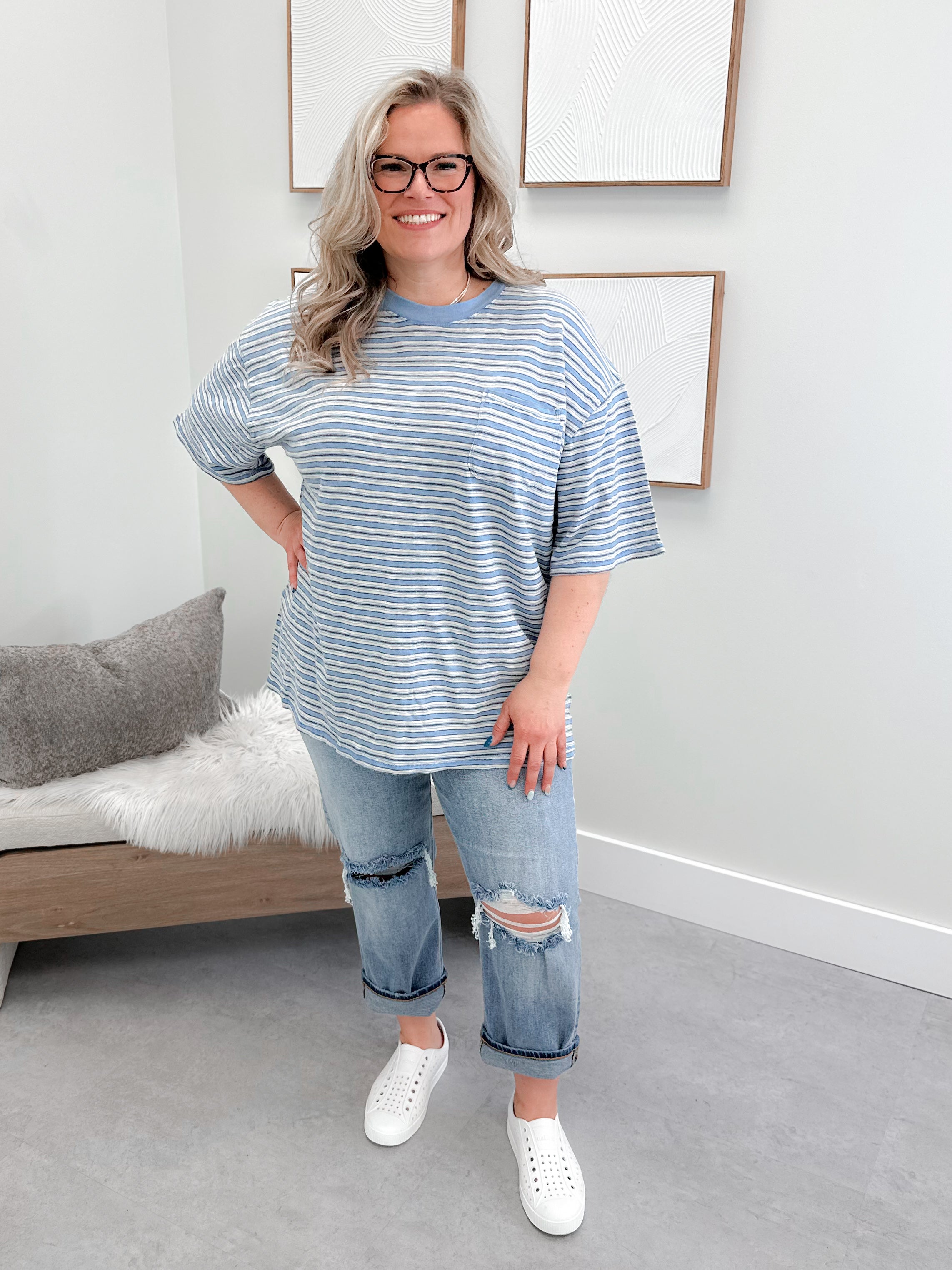 All Love Striped Pocket Tee in Blissful Blue Combo by Free People
