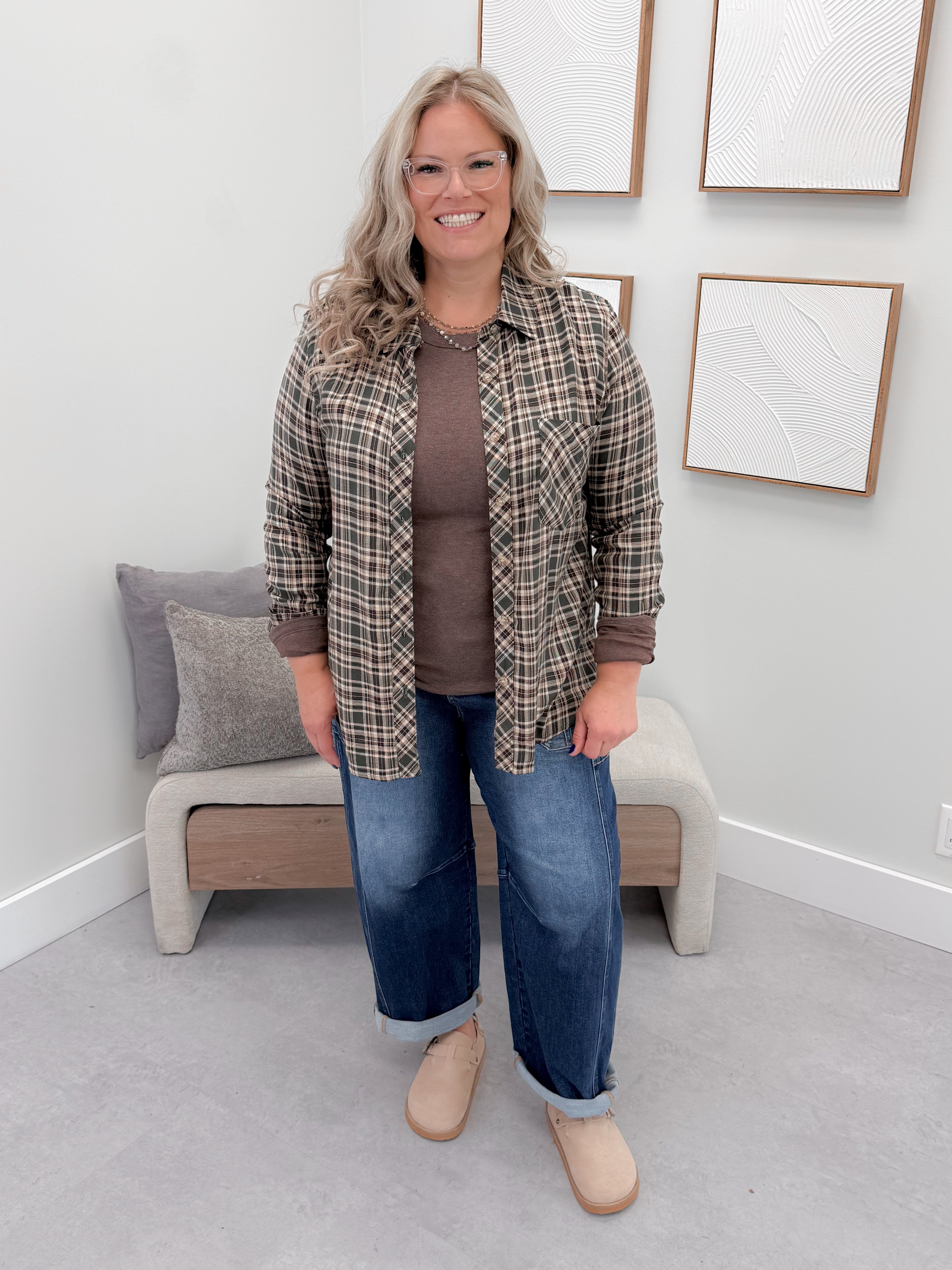 Forest Button Up in Olive Plaid