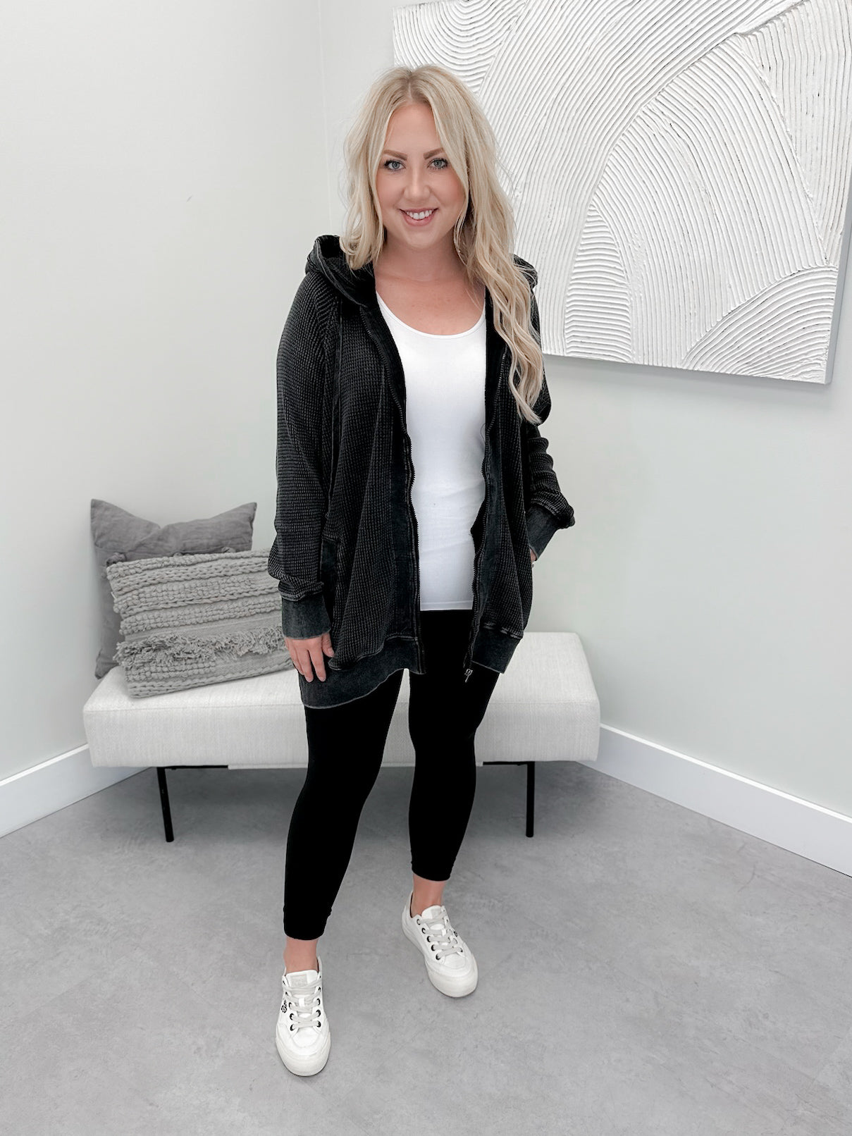 Juno Waffle Full Zip Hoodie in Black