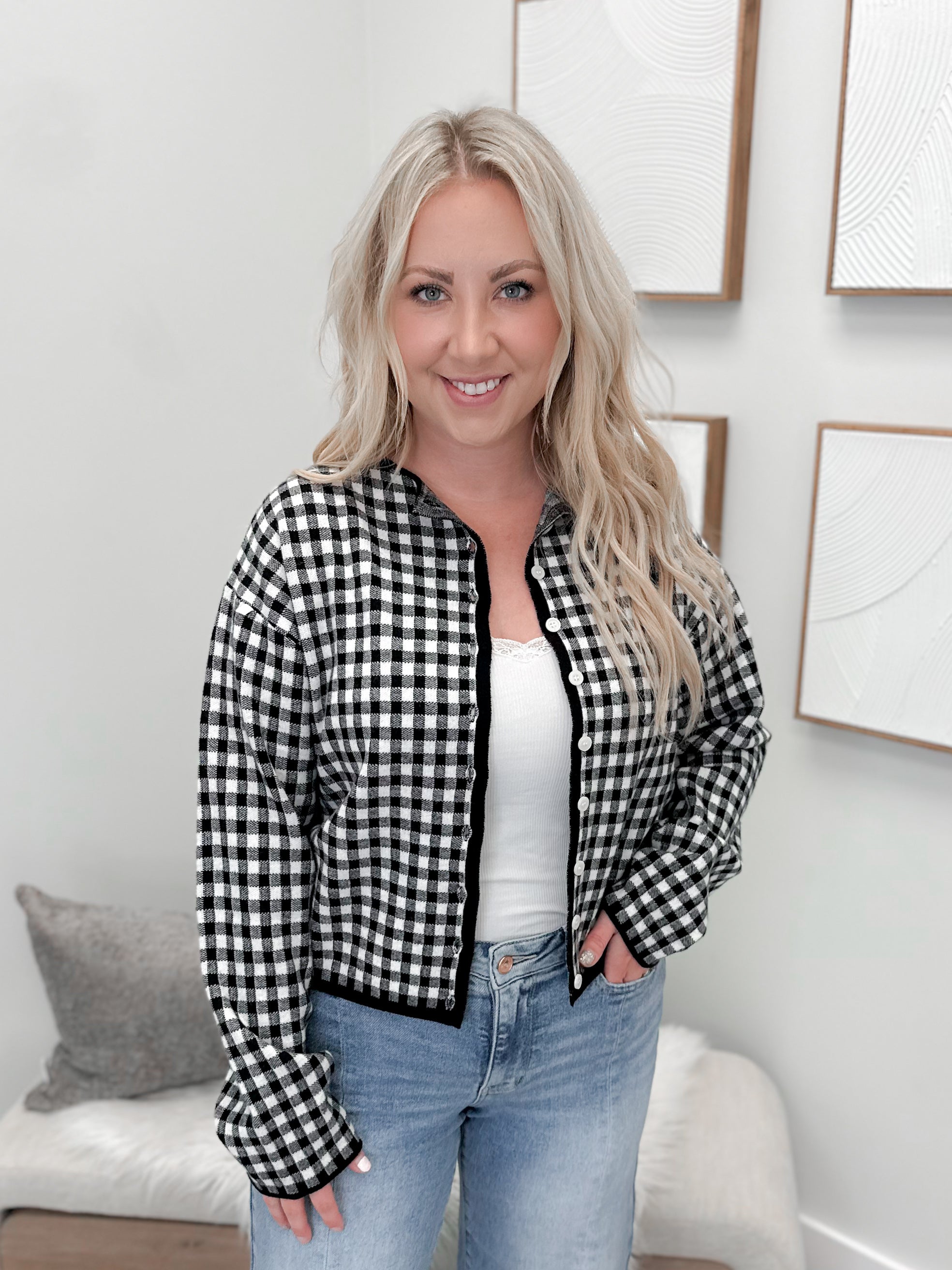 Gingham Cardigan in Black by Ampersand Avenue