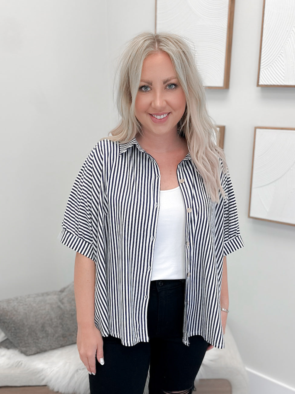 Domino Button Up Top in Navy Stripe
