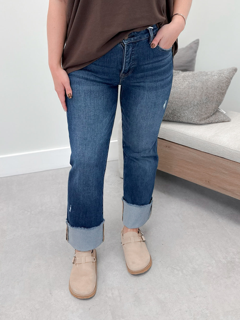 Daria Tummy Control Mid Rise Cuffed Jeans by Risen