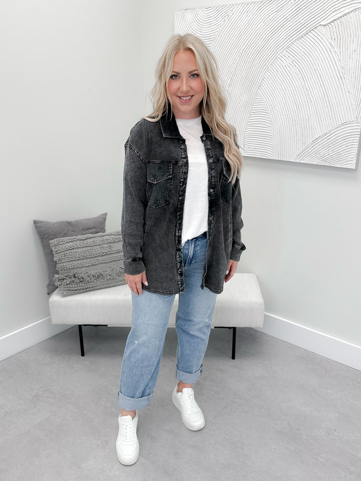 Lennon Waffle Shacket in Washed Black