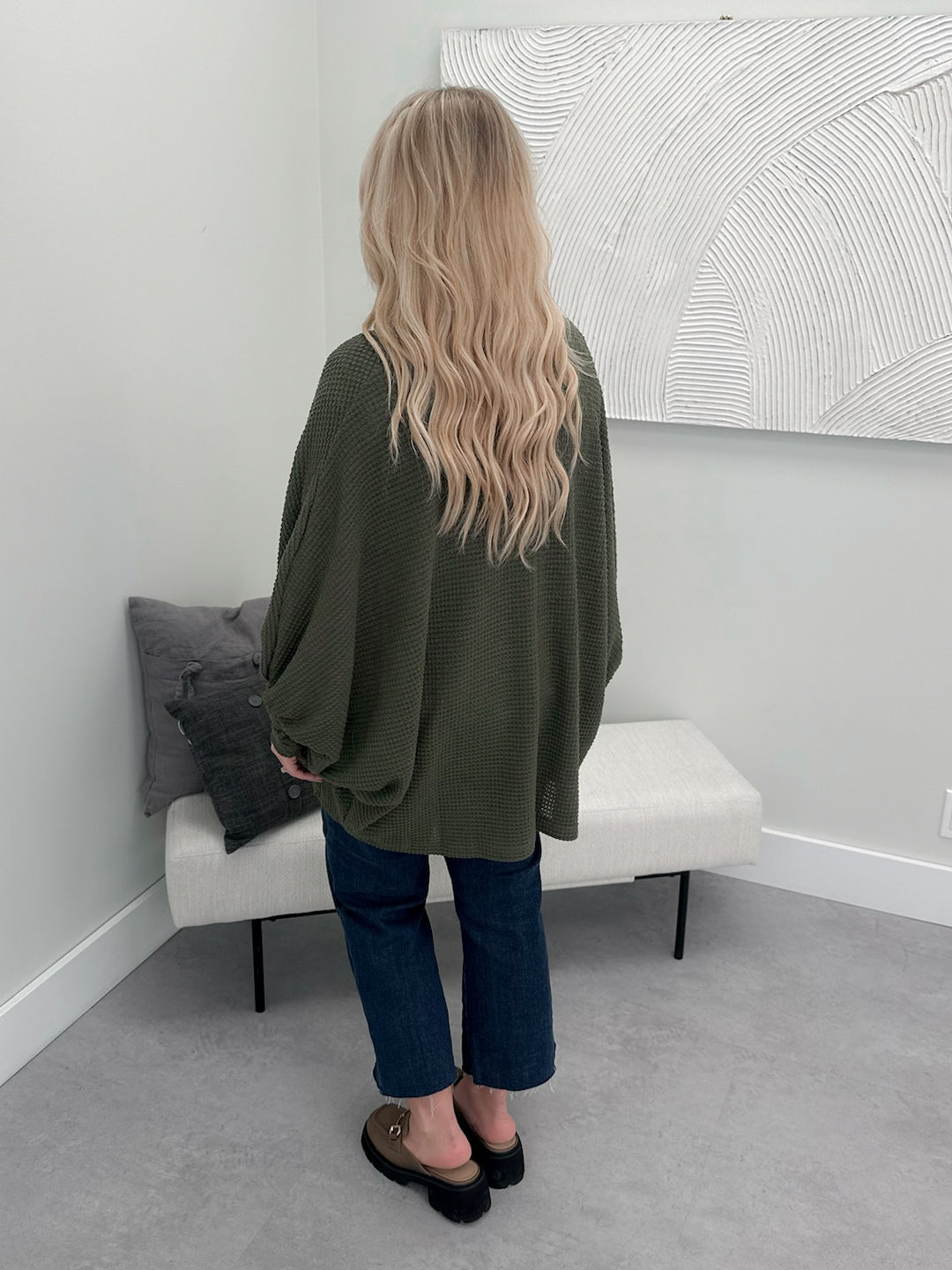Waffle Cocoon Cardigan in Olive