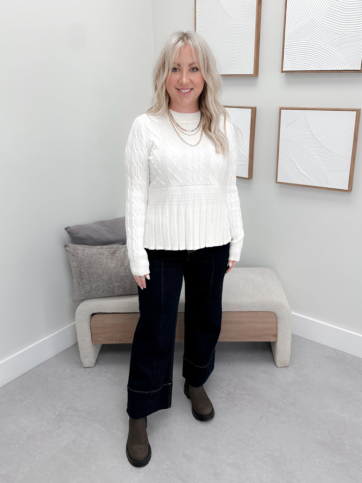 Lesley Cable Knit Sweater in Bone