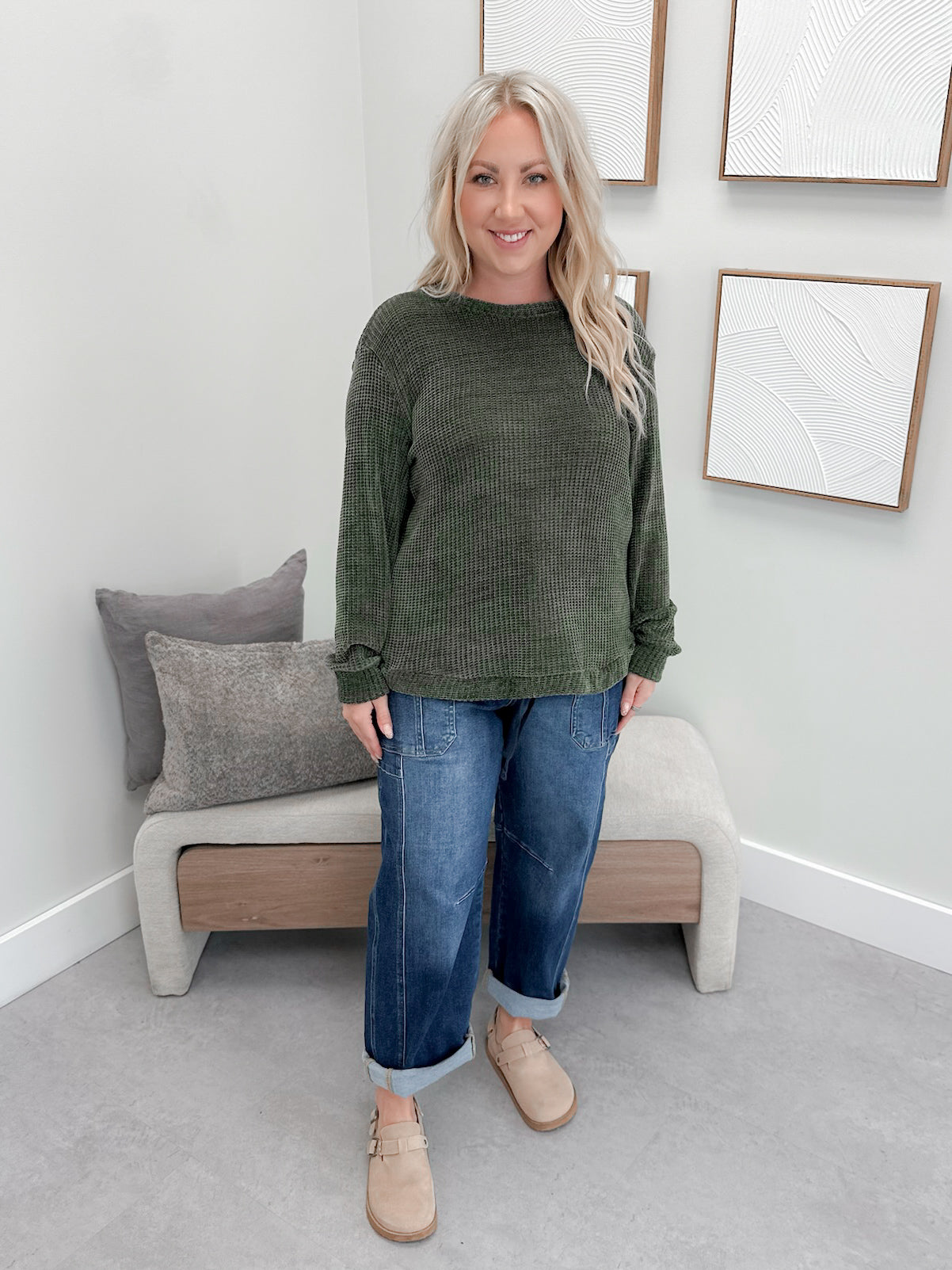 Tait Waffle Pullover in Olive