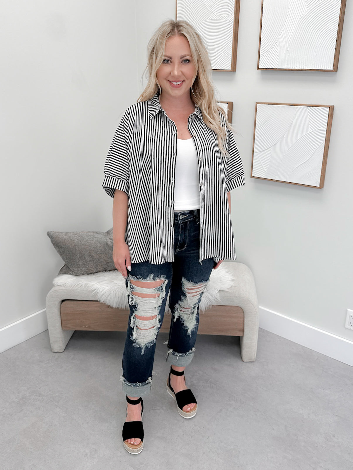 Domino Button Up Top in Black Stripe