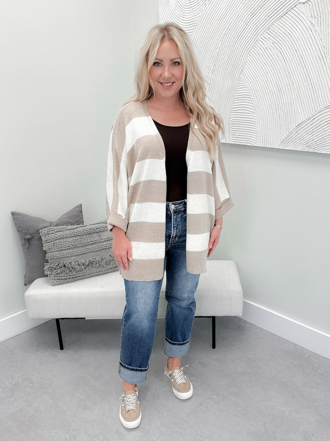 Chloe Striped Cardigan in Taupe