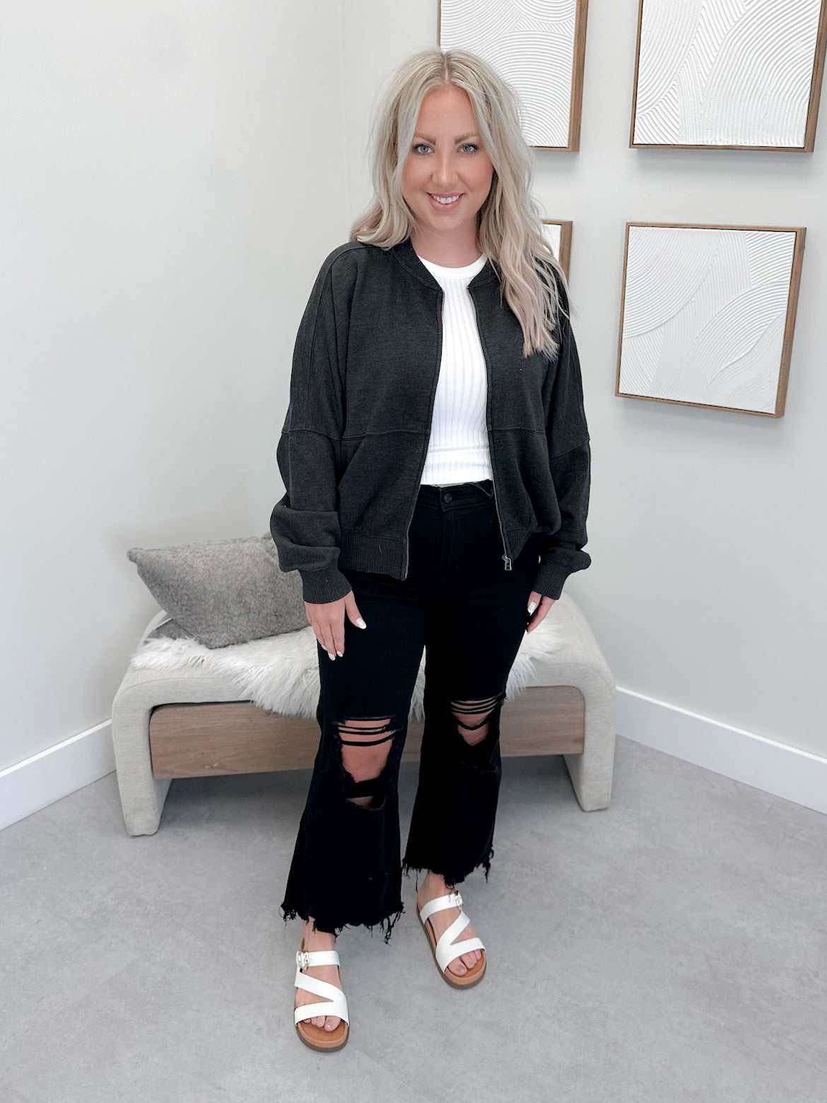 Bree Fleece Bomber Jacket in Charcoal