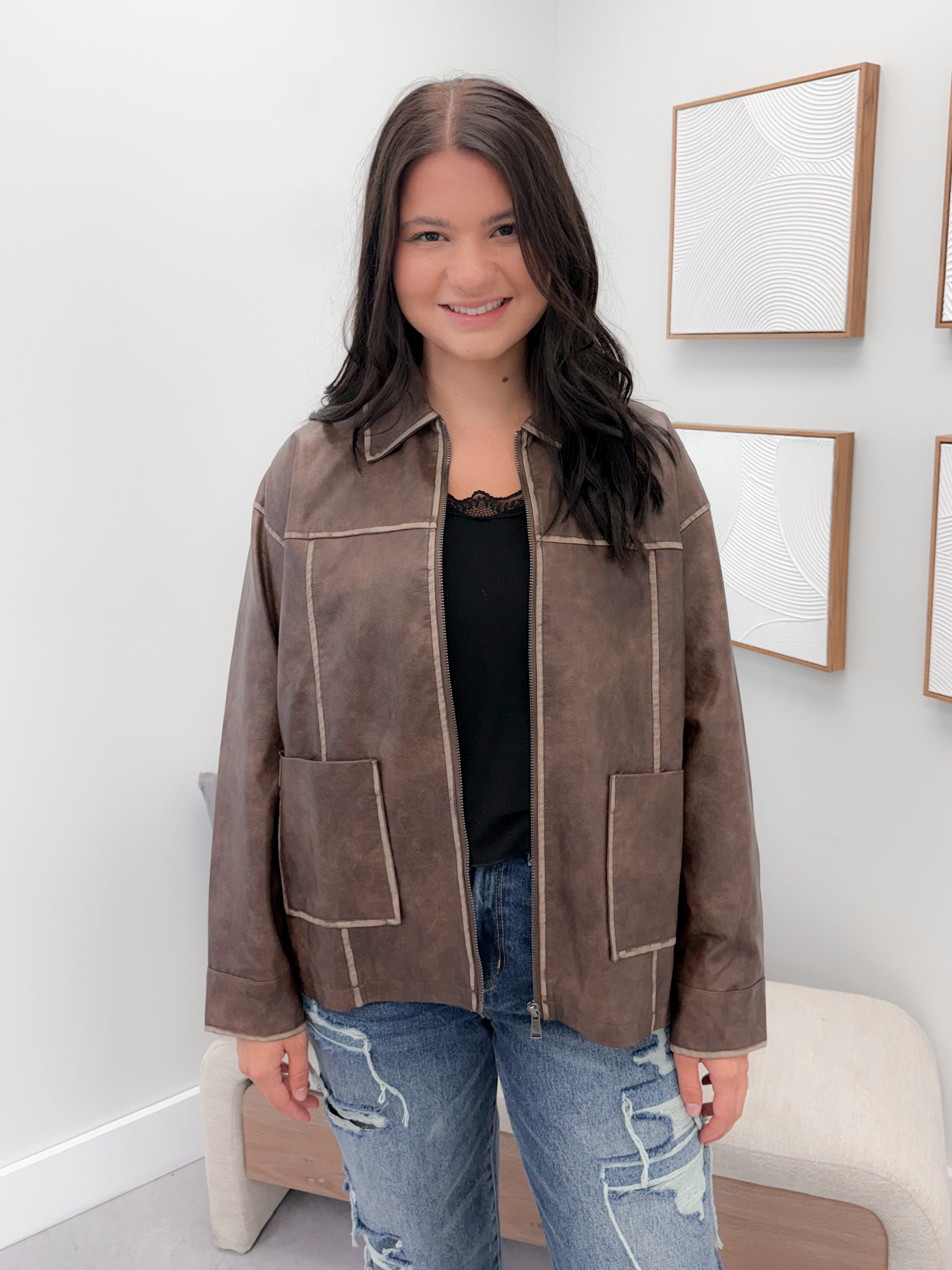 Roddy Vegan Leather Jacket in Brown