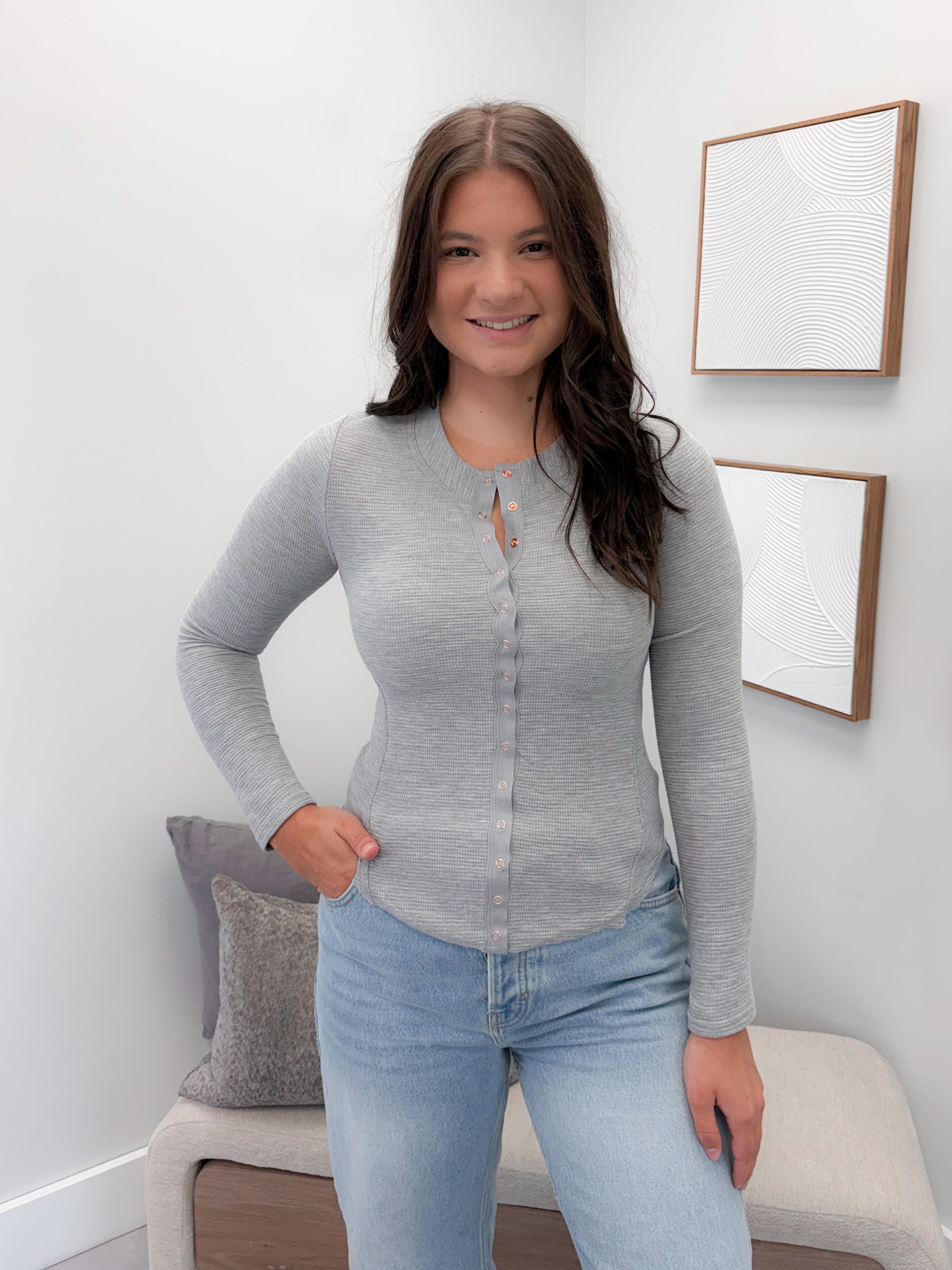 Coming Up Waffle Long Sleeve in Grey