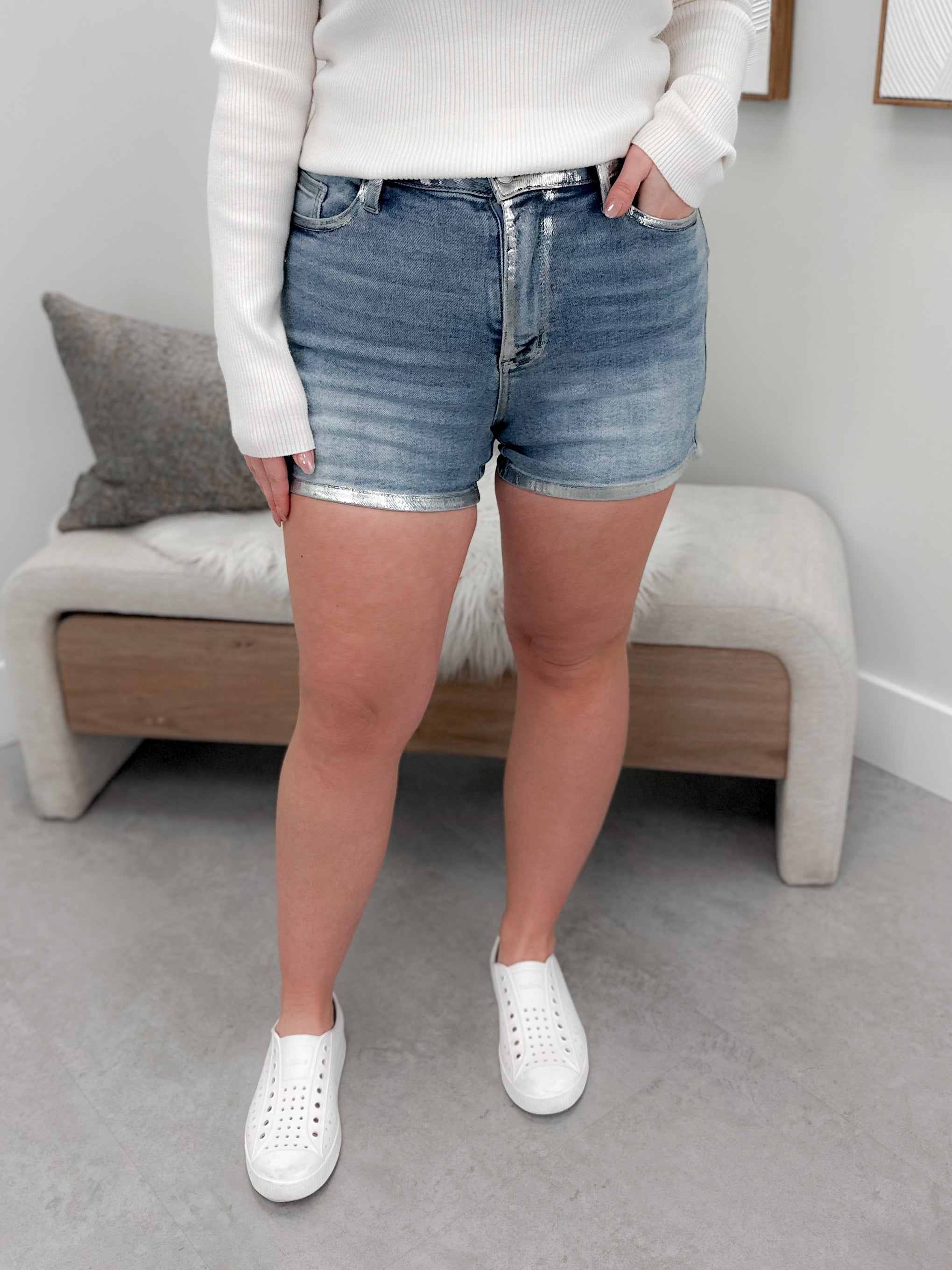 Rhonda Silver Foil Shorts by Judy Blue