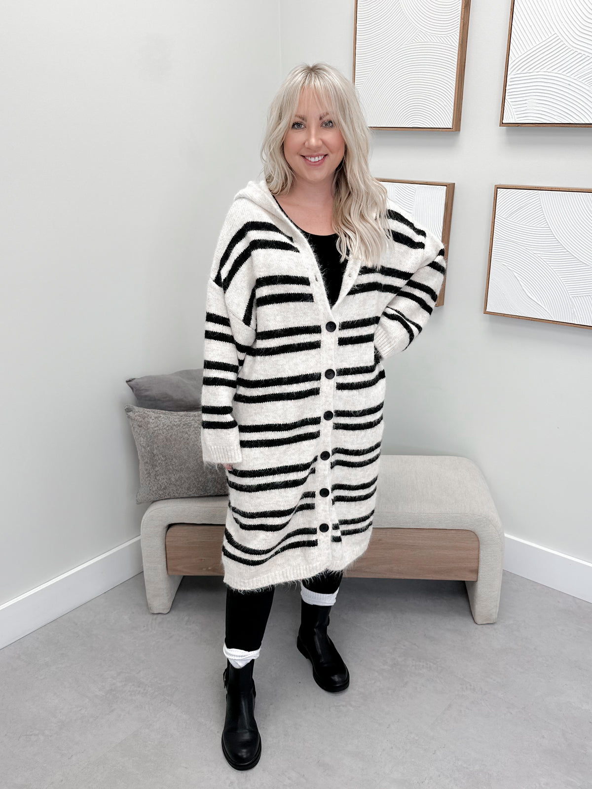 Cozy Up Striped Hooded Cardigan in Ivory/Black by Pol