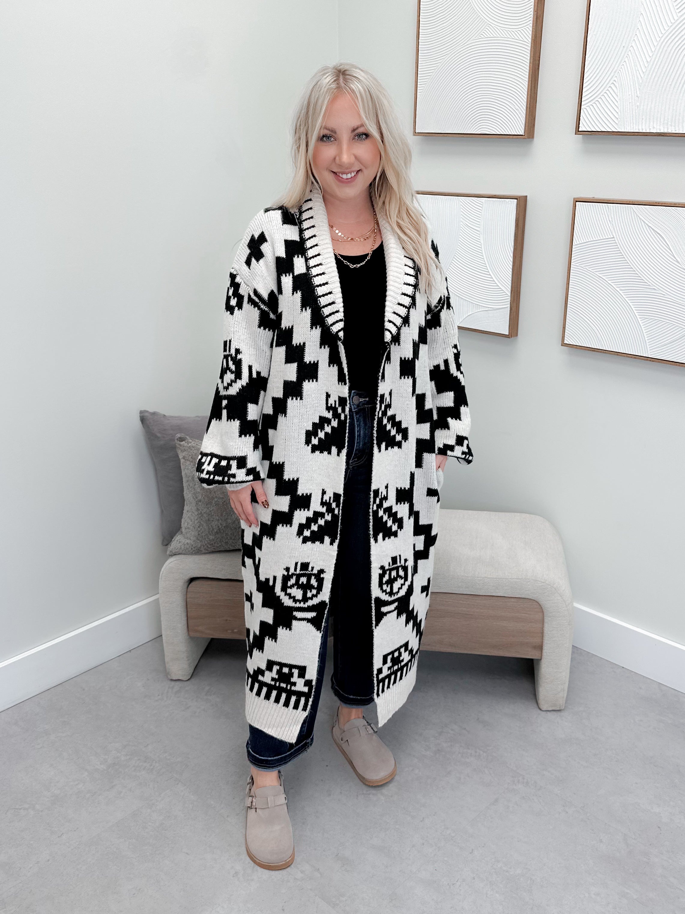 Downtown Long Coatigan in Cream & Black