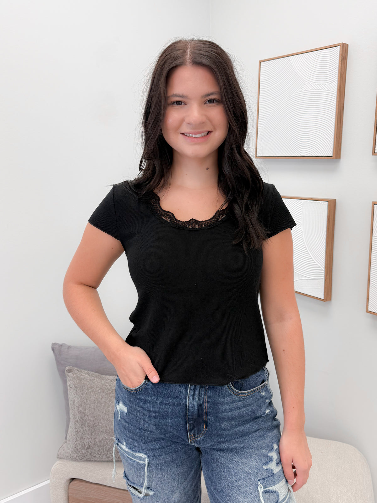 Lanna Lace Trim Tee in Black
