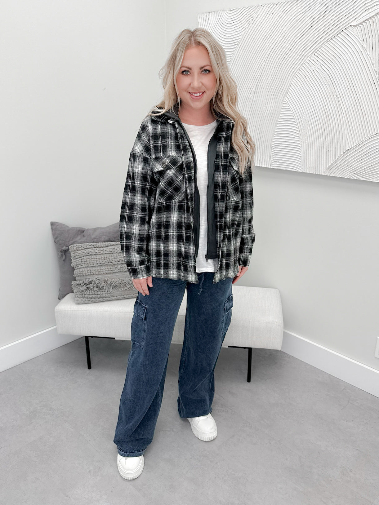 Hadley Hooded Shacket in Black Plaid