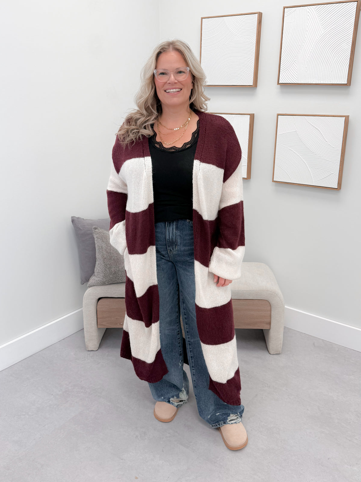 Koda Striped Long Cardi in Burgundy