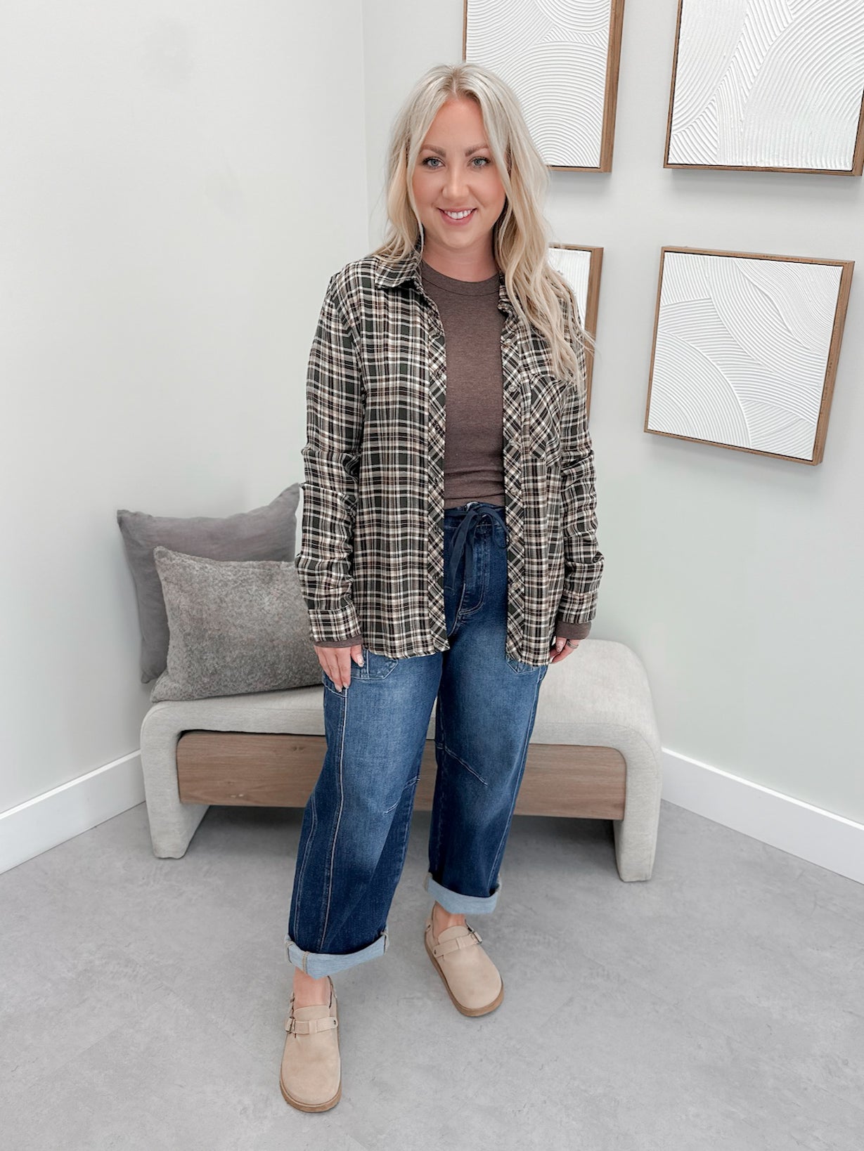Forest Button Up in Olive Plaid