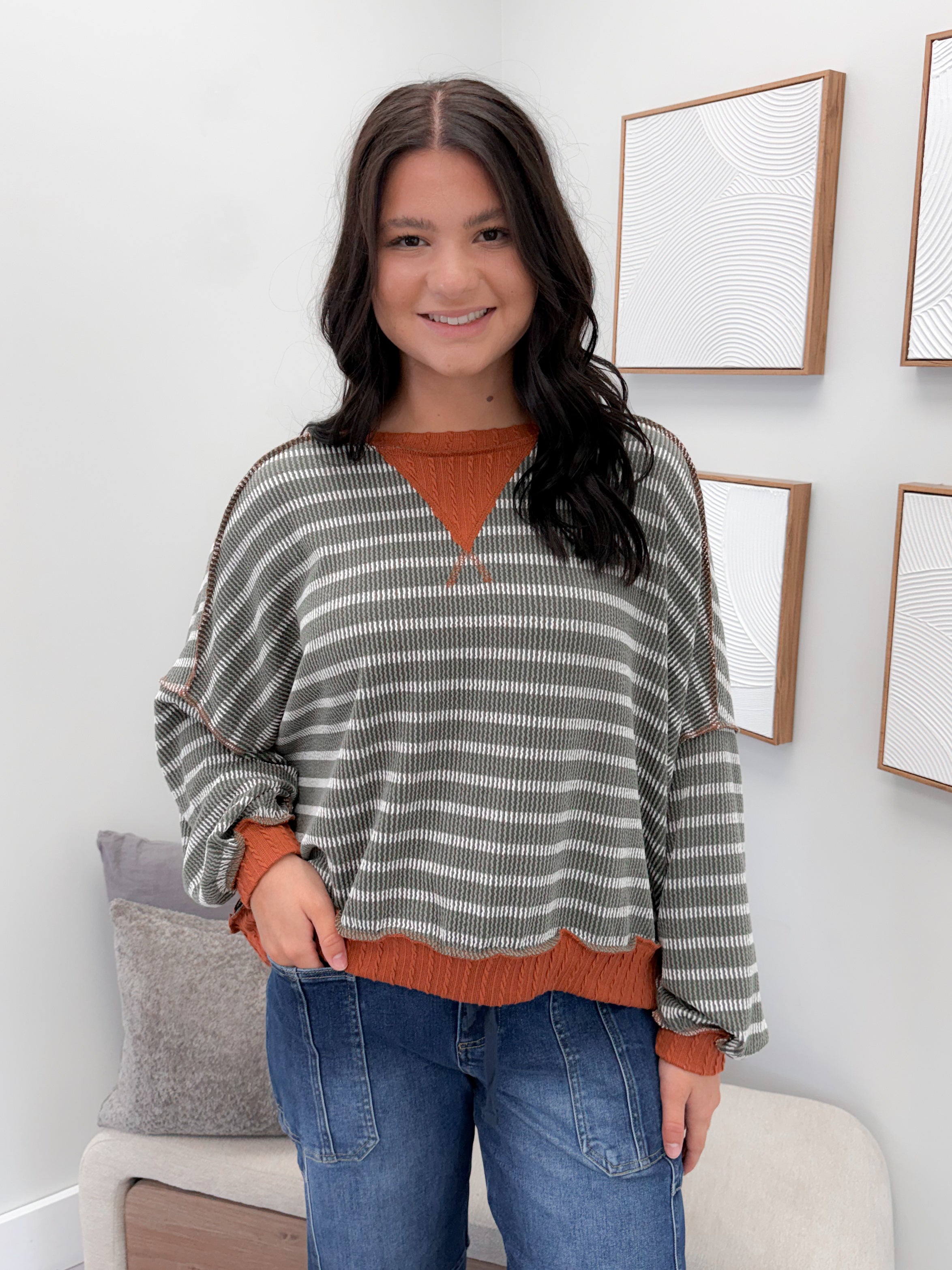 Gretta Wave Pullover in Olive/Rust