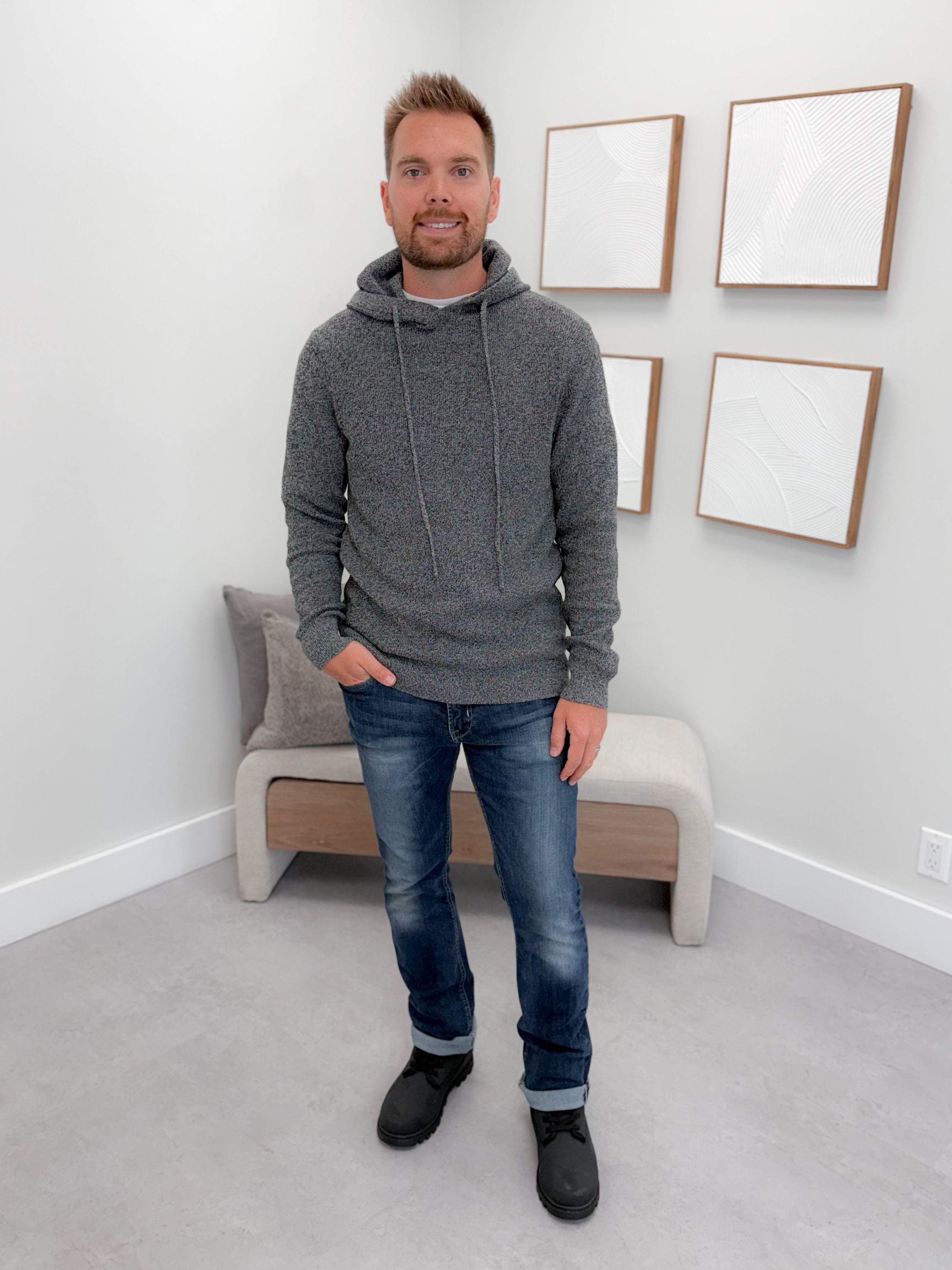 Collen Mens Knit Hoodie in Charcoal