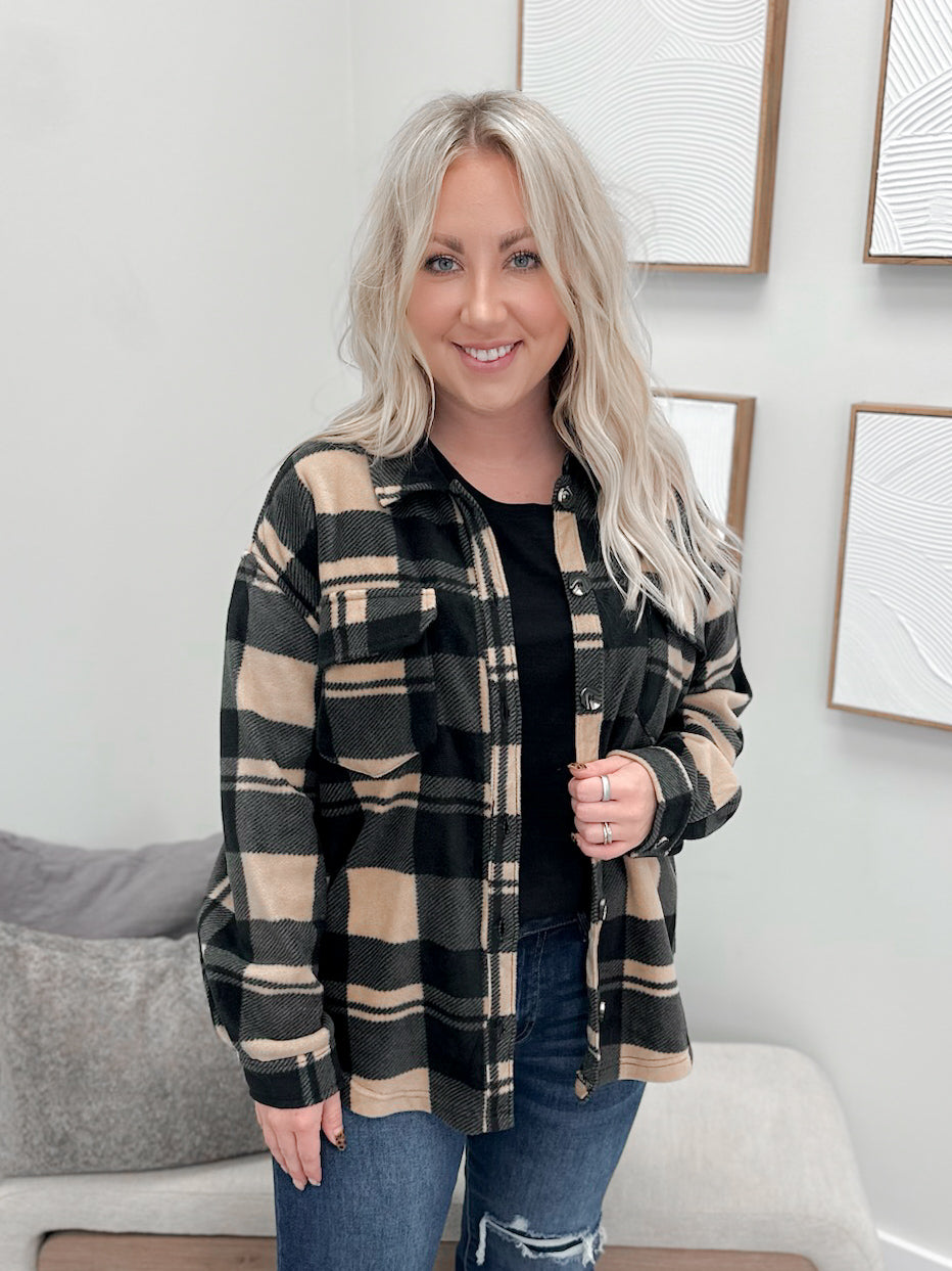 Hazy Fleece Shacket in Black Plaid