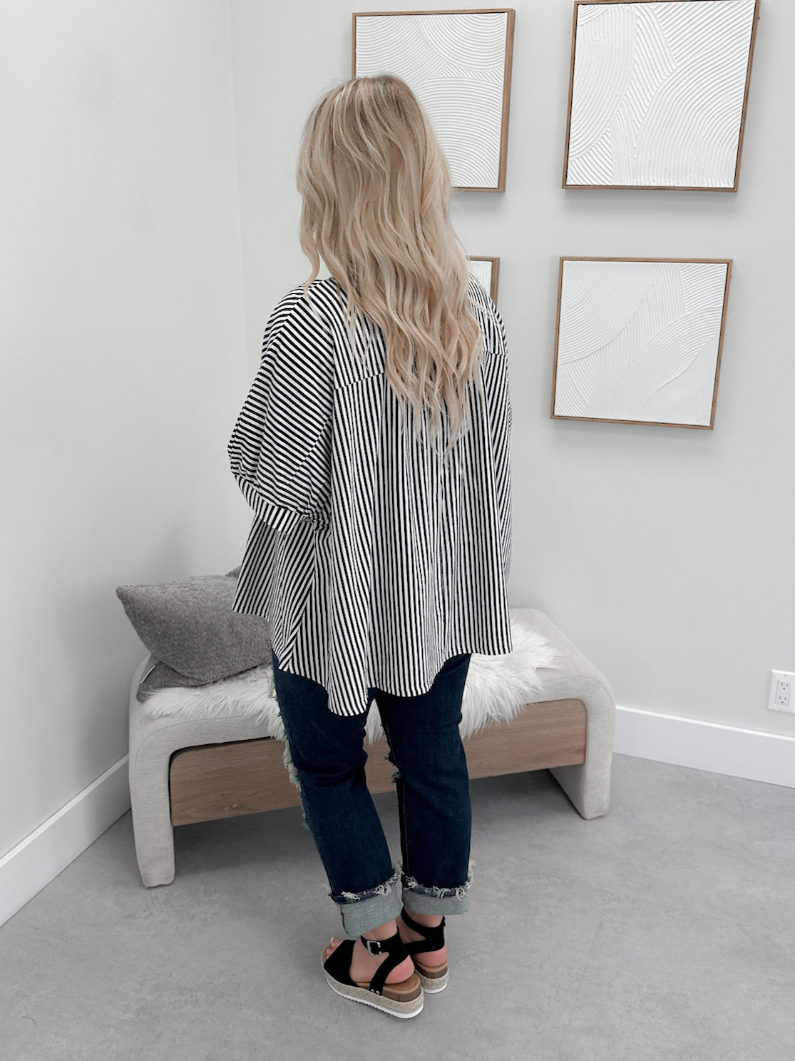 Domino Button Up Top in Black Stripe